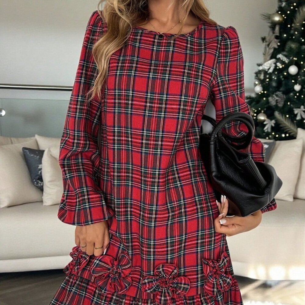 Red Elegant Women's Christmas Lantern Sleeve Mini Dress - Picture 4 of 6